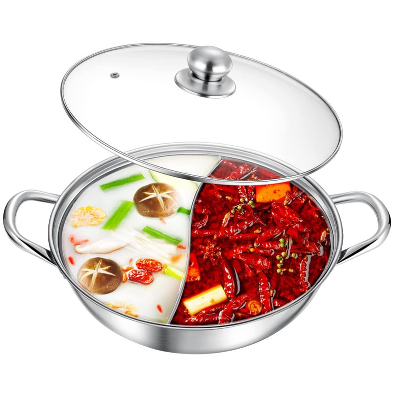 Matiko Hot Pot with Divider, Stainless Steel 12.6 Inch Divided Hotpot, Hot Pot Pan Hotpot Pot Double Sauce Pot for Induction Cooktop Gas Stove  - Image 4