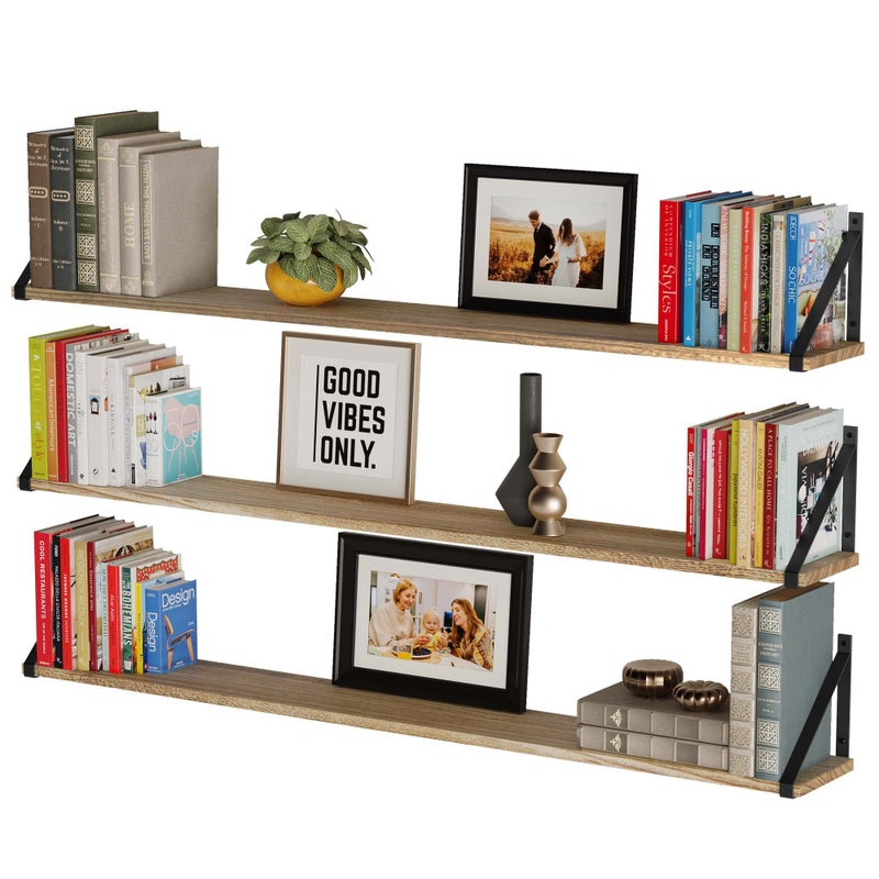 Wallniture Bora Long Floating Shelves Wall Bookshelf Living Room Decor Book Shelves for Office Kitchen Organization Bedroom Decor Burnt 48x6 Set of 3