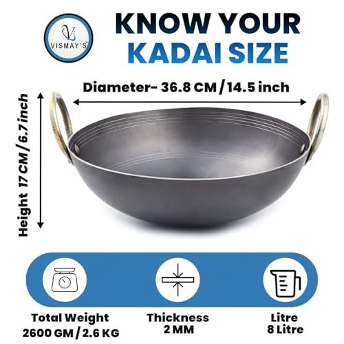 VISMAY'S 8 Litre 14.8 Inch Food Grade Iron Kadhai Wok Frypan Lohe ki Kadai Smooth Edges Riveted Handles Deep Frying, Roasting Metal Spoon Friendly Traditional Indian Cooking Durable Kitchen Cookware - Image 2