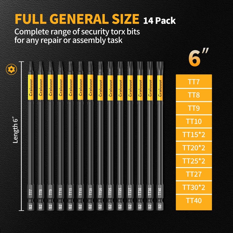 Craluuur 14PCS Impact Long Torx Bit Set, 6-Inch, T7â€“T40, Tamper Proof Star Bits Set, Magnetic Security Torx Bit Set with 1/4 Inch Hex Shank, S2 Steel, Ideal for Automotive, DIY, Electronics - Image 2