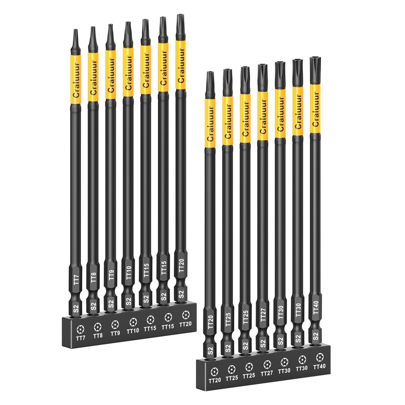 Craluuur 14PCS Impact Long Torx Bit Set, 6-Inch, T7â€“T40, Tamper Proof Star Bits Set, Magnetic Security Torx Bit Set with 1/4 Inch Hex Shank, S2 Steel, Ideal for Automotive, DIY, Electronics - Image 1