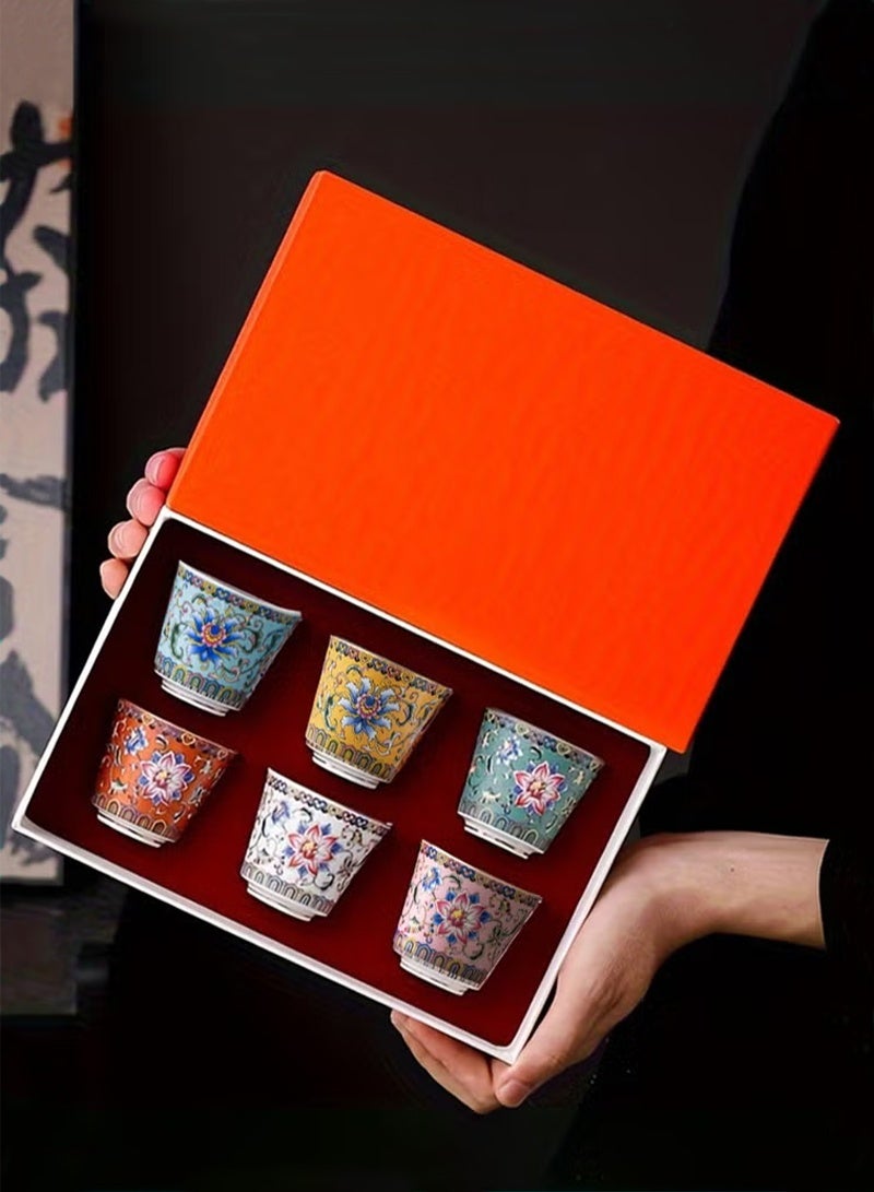 6 Ceramic Tea Cups with Gift Box Elegant Floral Enamel Porcelain Coffee Cup Set, 6 Colors Flowers Teacup, Perfect for Home, Office, and Restaurant Use - Image 1