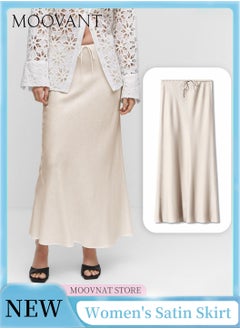 Moovant Silk Satin Skirt for Women, Textured Maxi Skirt, Flared Casual A-Line Long Skirt, Elegant Party Drawstring Dressy Skirts, Cream-coloured  - Image 1