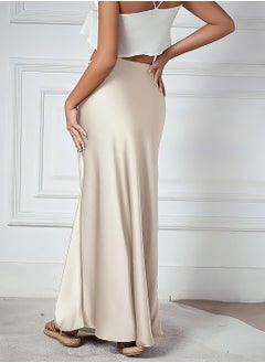 Moovant Silk Satin Skirt for Women, Textured Maxi Skirt, Flared Casual A-Line Long Skirt, Elegant Party Drawstring Dressy Skirts, Cream-coloured  - Image 2