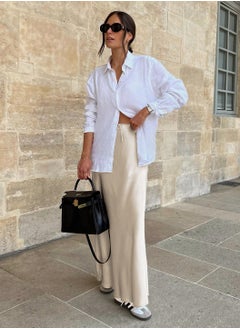 Moovant Silk Satin Skirt for Women, Textured Maxi Skirt, Flared Casual A-Line Long Skirt, Elegant Party Drawstring Dressy Skirts, Cream-coloured  - Image 4
