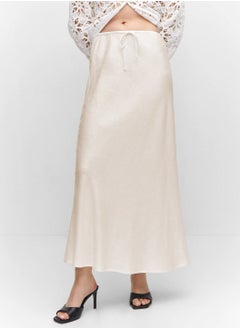Moovant Silk Satin Skirt for Women, Textured Maxi Skirt, Flared Casual A-Line Long Skirt, Elegant Party Drawstring Dressy Skirts, Cream-coloured  - Image 3