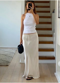 Moovant Silk Satin Skirt for Women, Textured Maxi Skirt, Flared Casual A-Line Long Skirt, Elegant Party Drawstring Dressy Skirts, Cream-coloured  - Image 5