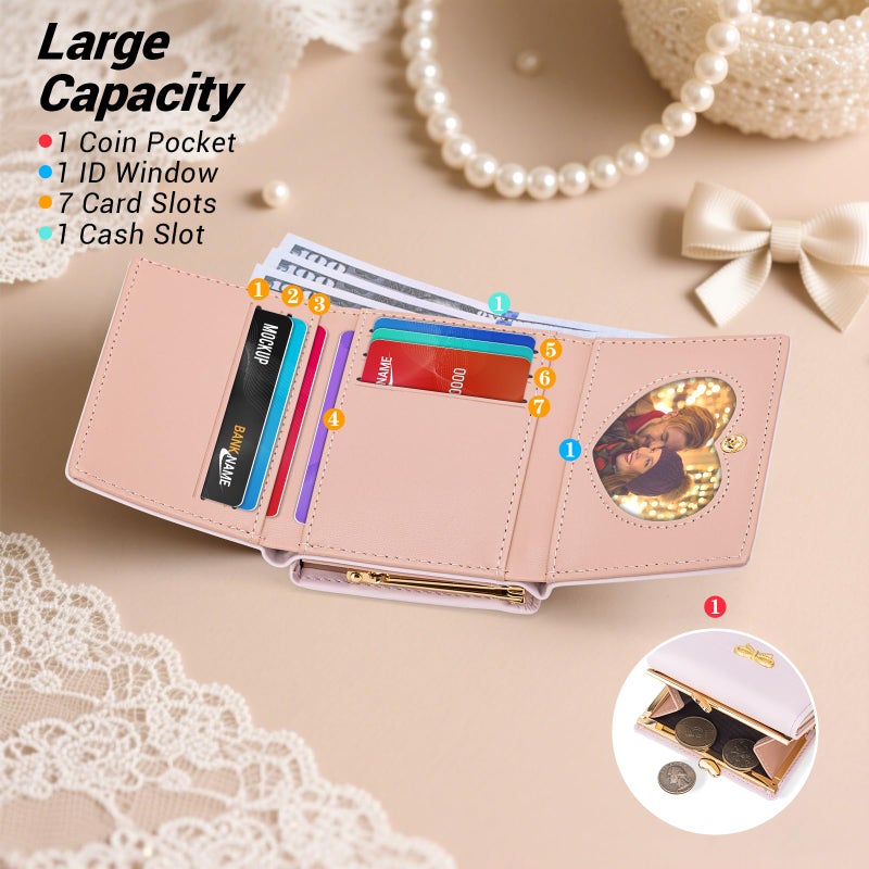 YINHEXI Small Bow Wallet for Women with RFID Blocking, Tri-fold PU Leather Card Holder, Coin Pocket & ID Window, Cute Aesthetic Purse for Girls Teens (Bow Pink) - Image 2
