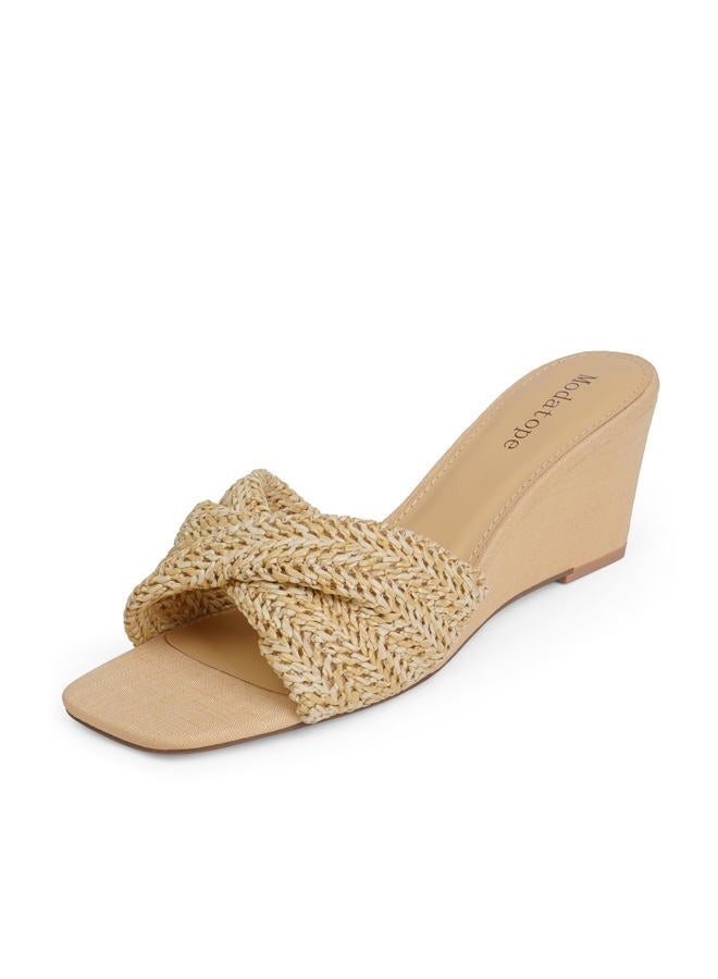 Modatope Wedge Sandals for Women Braided Wedge Heels Square Open Toe Raffia Dressy Womens Sandals, A-beige, 7.5 - Image 1