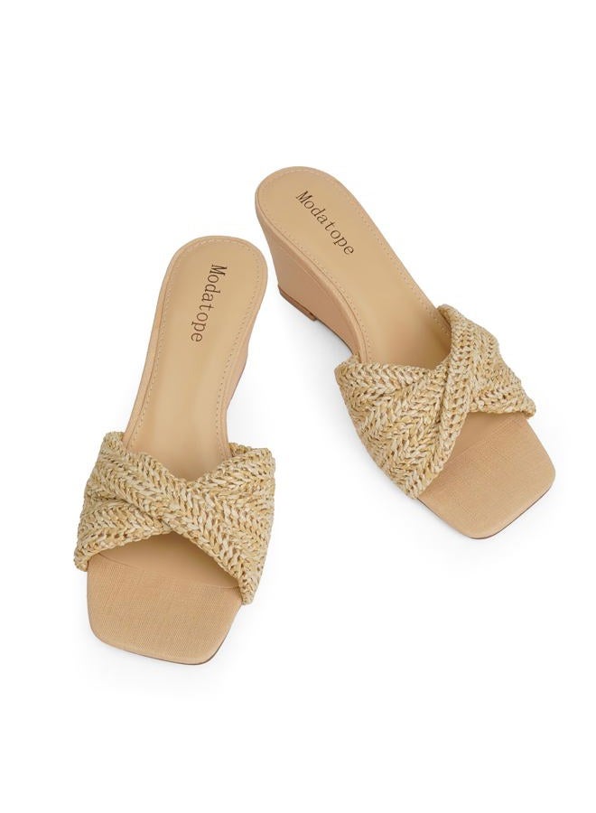 Modatope Wedge Sandals for Women Braided Wedge Heels Square Open Toe Raffia Dressy Womens Sandals, A-beige, 7.5 - Image 5