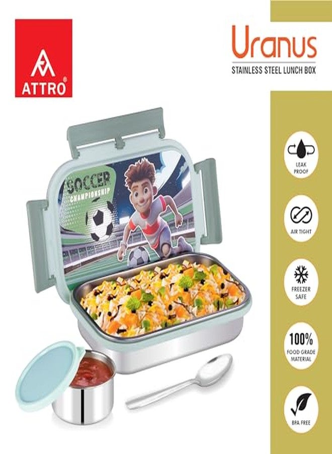 Attro Uranus Stainless Steel Lunch Box with 1 Small Container & Spoon Eyecatchy Soccer Playing Print BPA Free Food Grade-700ml+160ml- Mint Green - Image 4