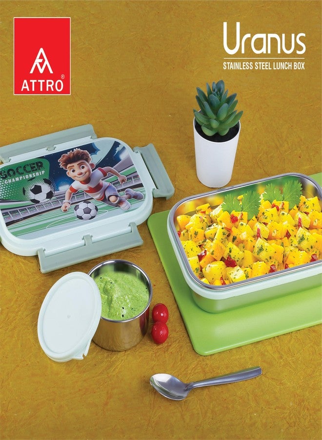 Attro Uranus Stainless Steel Lunch Box with 1 Small Container & Spoon Eyecatchy Soccer Playing Print BPA Free Food Grade-700ml+160ml- Mint Green - Image 3