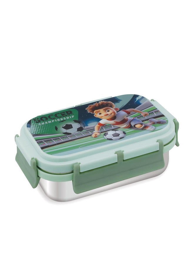 Attro Uranus Stainless Steel Lunch Box with 1 Small Container & Spoon Eyecatchy Soccer Playing Print BPA Free Food Grade-700ml+160ml- Mint Green - Image 1