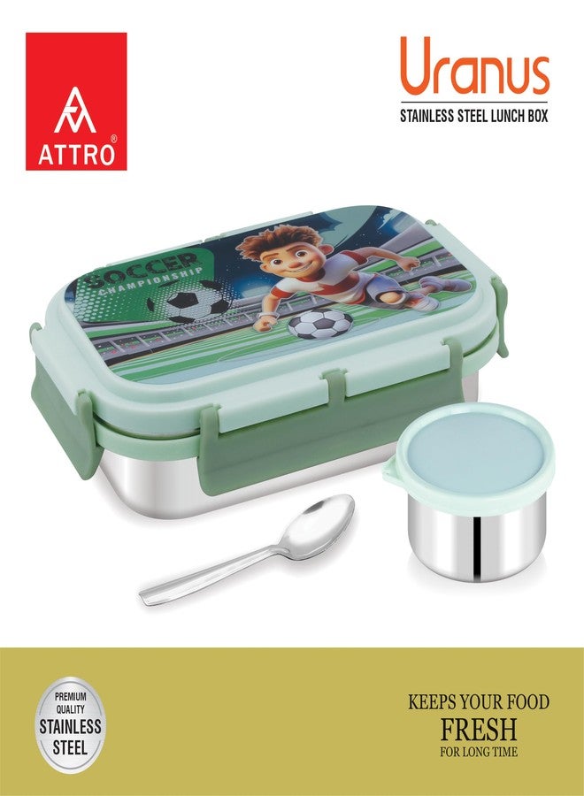 Attro Uranus Stainless Steel Lunch Box with 1 Small Container & Spoon Eyecatchy Soccer Playing Print BPA Free Food Grade-700ml+160ml- Mint Green - Image 5