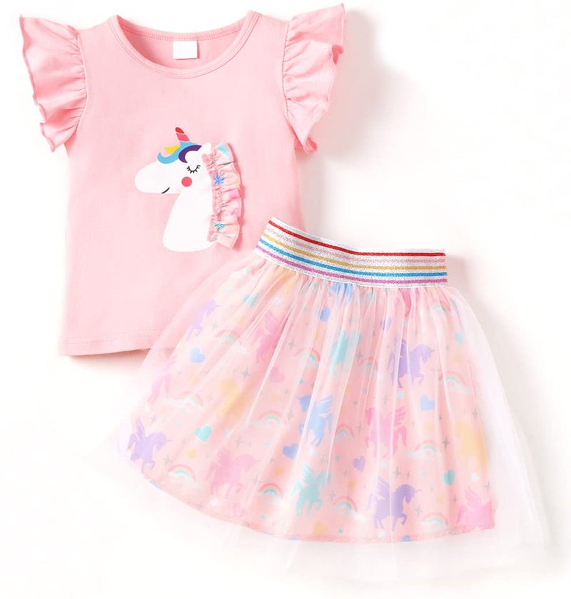 RETSUGO Girls Two Piece Skirt Set Toddler Flutter Sleeve Shirt Rainbow Tulle Skirts Unicorn Party Princess Tutu Dresses Easter Pink 34 Years