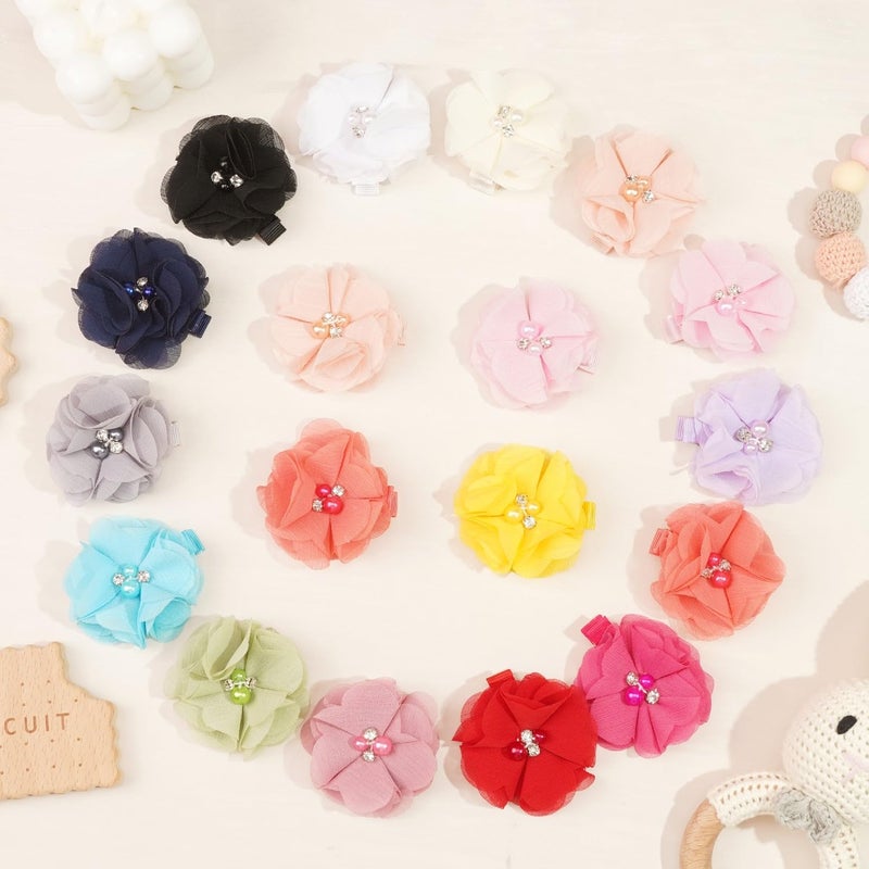 DED 30PCS 2" Chiffon Flower Hair Bows Clips with Rhinestone Pearl Flower Tiny Hair Clips Fine Hair for Girls Infants Toddlers Set of 15 Pairs - Image 4