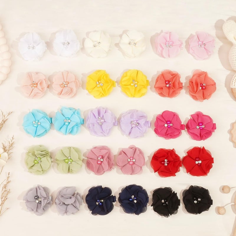 DED 30PCS 2" Chiffon Flower Hair Bows Clips with Rhinestone Pearl Flower Tiny Hair Clips Fine Hair for Girls Infants Toddlers Set of 15 Pairs - Image 5
