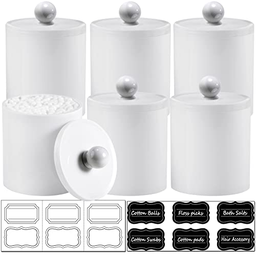 SheeChung 6 Pack Qtip Dispenser Apothecary Jars Bathroom with Labels - Qtip Holder Storage Canister Clear Plastic Acrylic Jar for Cotton Ball,Cotton Swab,Cotton Rounds,Floss Picks, Hair Clips (White) - Image 1