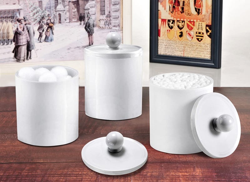 SheeChung 6 Pack Qtip Dispenser Apothecary Jars Bathroom with Labels - Qtip Holder Storage Canister Clear Plastic Acrylic Jar for Cotton Ball,Cotton Swab,Cotton Rounds,Floss Picks, Hair Clips (White) - Image 5