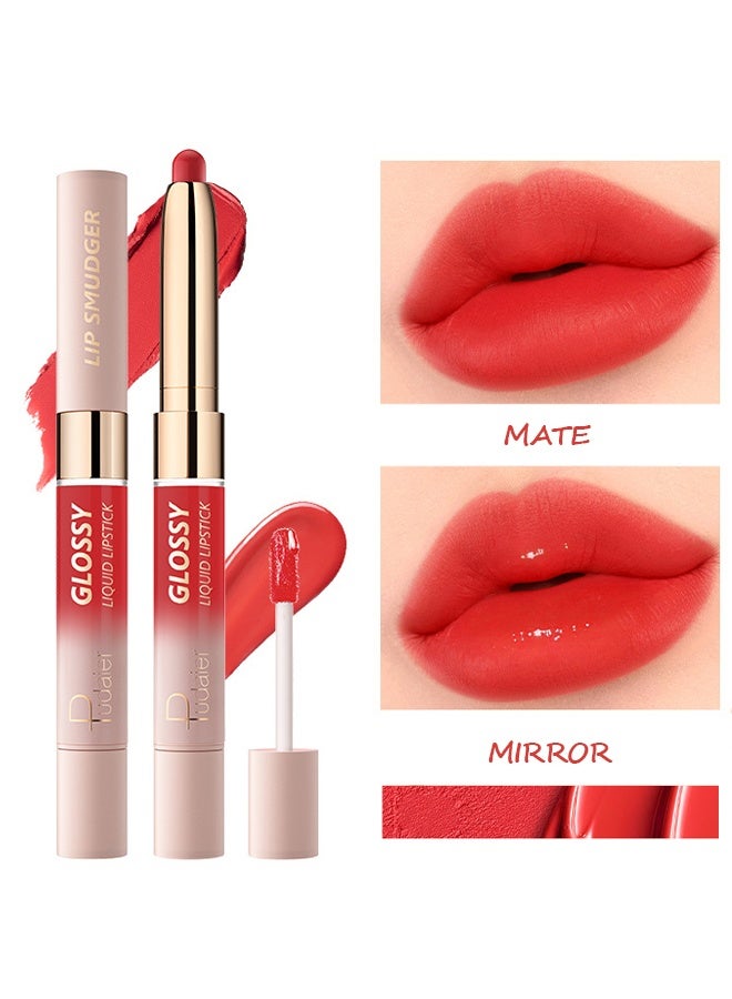 pudaier Lip Smudger & Glossy Liquid Lipstick，Dual Ended Matte Lipstick & Mirror Lip Gloss, 2 Texture in 1 Lip Stain, Non-Stick Cup Smooth Velvet Long Lasting Smudge Proof Not Fade High Pigment Lip Tint - 08#Forever scarlet - Image 1