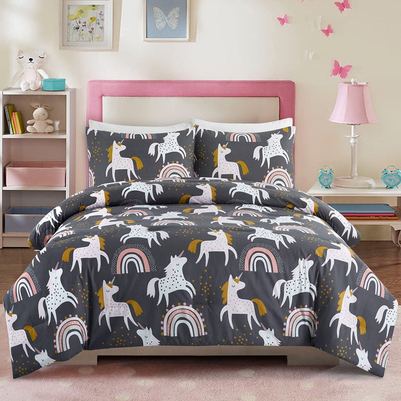 HollyHOME HollyHOME 3 Piece Full Size Bedding Comforter Sets for Teens and Girls Pink Unicorn and Rainbow Bedding Set 76x 86 