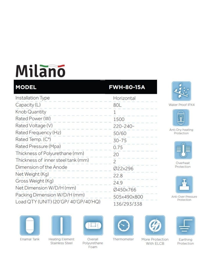 Milano Horizontal Electric Water Heater - 80 L - Image 2