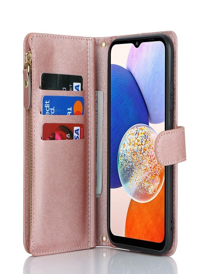 آي كوفر كايس جراب iCoverCase لهاتف سامسونج جالاكسي A23 5G، جراب محفظة مع حامل بطاقات للنساء، جراب من الجلد الصناعي مع حزام كتف وحبل وحامل، جيب بسحاب، فتحات لبطاقات الائتمان (ذهبي وردي) - Image 4