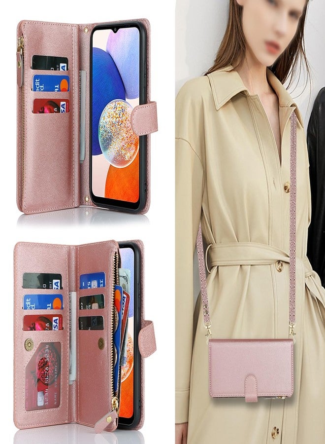 آي كوفر كايس جراب iCoverCase لهاتف سامسونج جالاكسي A23 5G، جراب محفظة مع حامل بطاقات للنساء، جراب من الجلد الصناعي مع حزام كتف وحبل وحامل، جيب بسحاب، فتحات لبطاقات الائتمان (ذهبي وردي) - Image 2