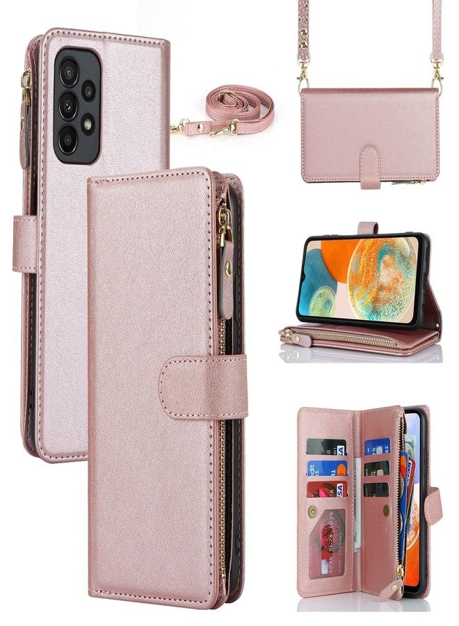 آي كوفر كايس جراب iCoverCase لهاتف سامسونج جالاكسي A23 5G، جراب محفظة مع حامل بطاقات للنساء، جراب من الجلد الصناعي مع حزام كتف وحبل وحامل، جيب بسحاب، فتحات لبطاقات الائتمان (ذهبي وردي) - Image 1