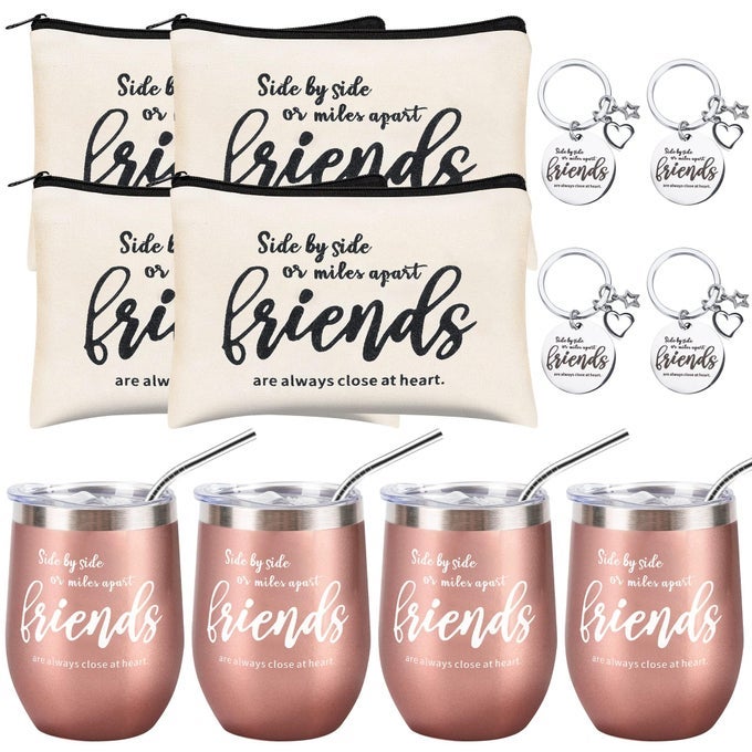 12 PIECES GIRL TRIP GIFTS FAVORS BULK FRIEND APPRECIATION GIFTS SET 4 FRIENDS WINE TUMBLER 4 FRIENDS COSMETIC BAG 4 KEYCHAINS APPRECIATION FUNNY LONG DISTANCE FRIENDSHIP GIFT
