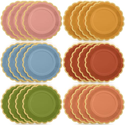 Tiangrid 48 Pcs Wildflower Color Paper Plates 9 Inch Colorful Boho Scalloped Paper Disposable Dinner Dessert Plates for Birthday Wedding Bridal Party Supplies 6 Colors - Image 1