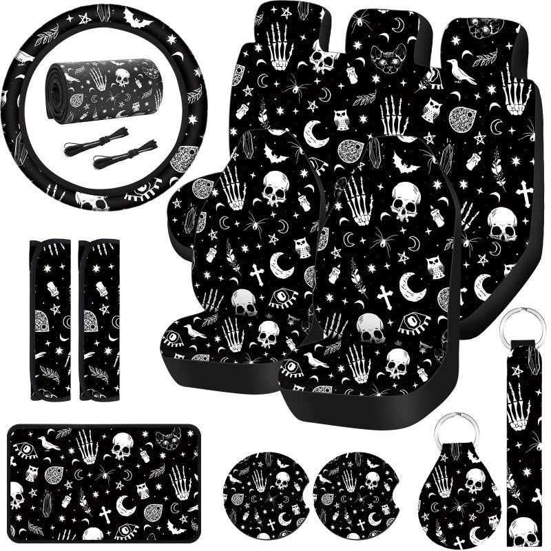 Frienda 15 Pieces Moon and Stars Car Seat Cover Full Set for Women Men Upgrade Thick Car Front Seat Covers Universal Steering Wheel Cover Separate Headrest Cover Seat Belt PadsSkeleton Cat Pattern - Image 2
