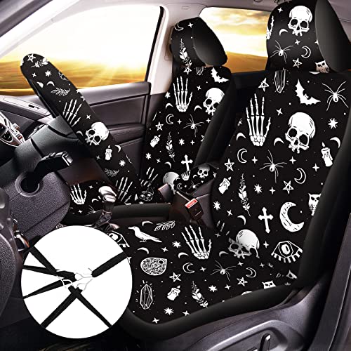 Frienda 15 Pieces Moon and Stars Car Seat Cover Full Set for Women Men Upgrade Thick Car Front Seat Covers Universal Steering Wheel Cover Separate Headrest Cover Seat Belt PadsSkeleton Cat Pattern - Image 3