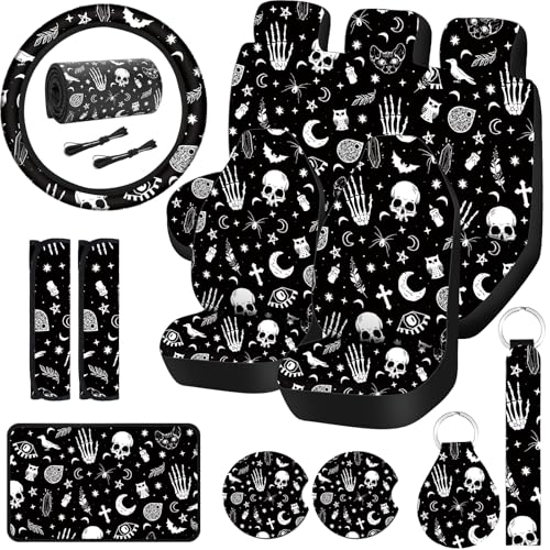Frienda 15 Pieces Moon and Stars Car Seat Cover Full Set for Women Men Upgrade Thick Car Front Seat Covers Universal Steering Wheel Cover Separate Headrest Cover Seat Belt PadsSkeleton Cat Pattern - Image 1