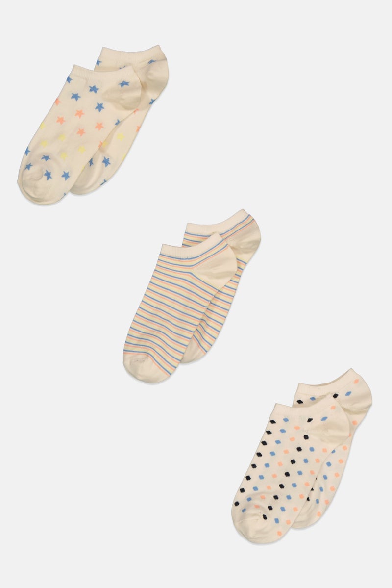 XOXO Women 3 Pairs Allover Print Ankle Socks, Cream  - Image 1