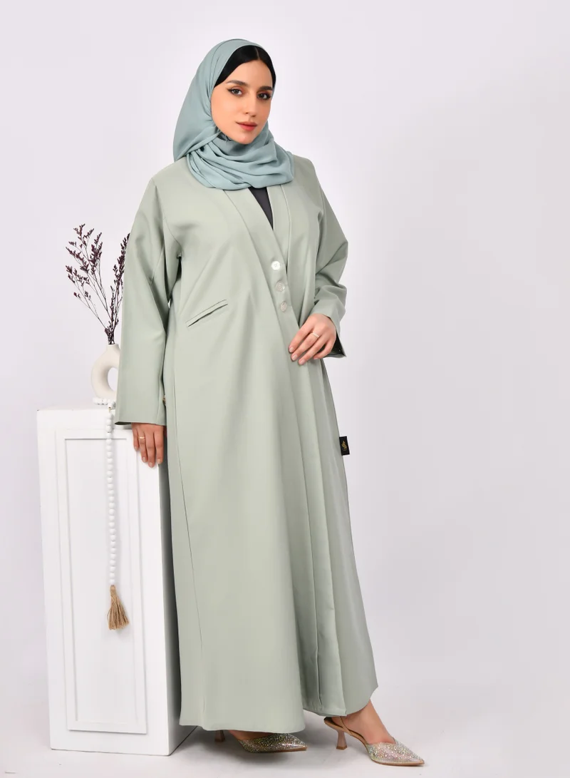 HAWRAA ABAYA Green abaya with blazer design and closed shoulders with buttons and a