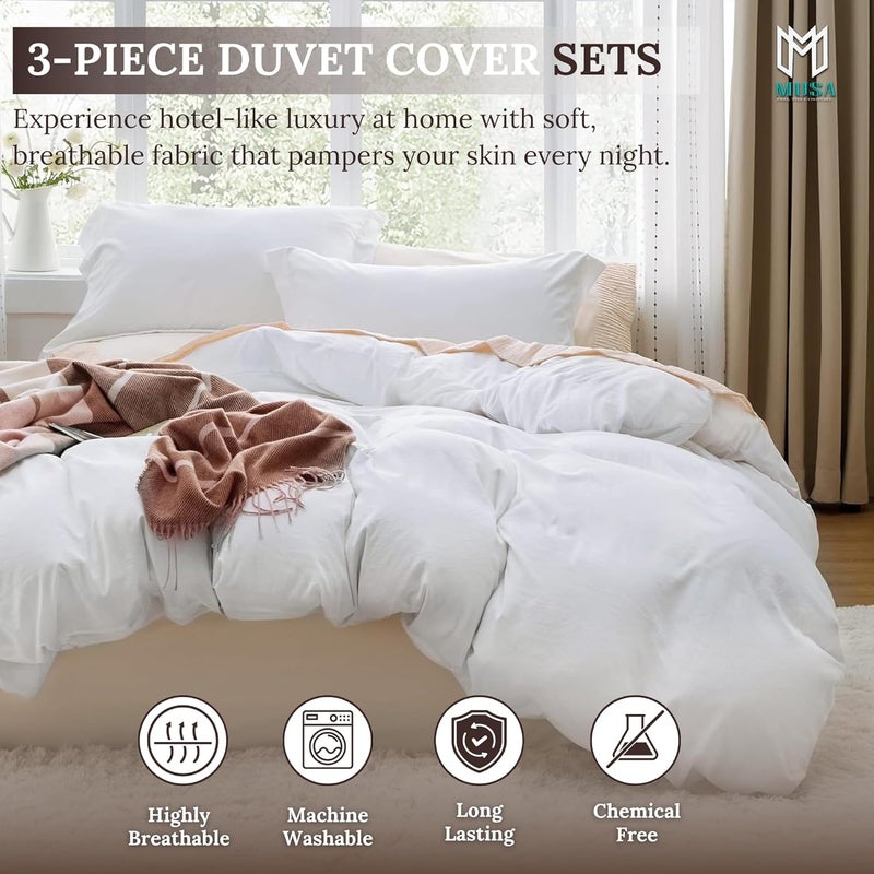 MUSA MUSA® Premium Comforter Set with 100% Cotton, Comfy 1 Comforter Cover & 2 Pillow Shams - Stain Free Duvet Cover for Bedrooms | Washable & Wrinkle Free (White, King - 240 x 260cm) - Image 3