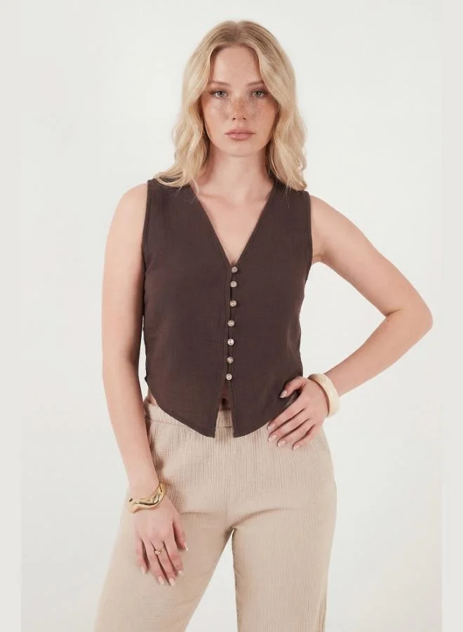 Lela  Lela Cotton Regular Fit V-Neck Button Detail Summer Blouse Vest Women's VEST 5866661 for Women | Best Price UAE