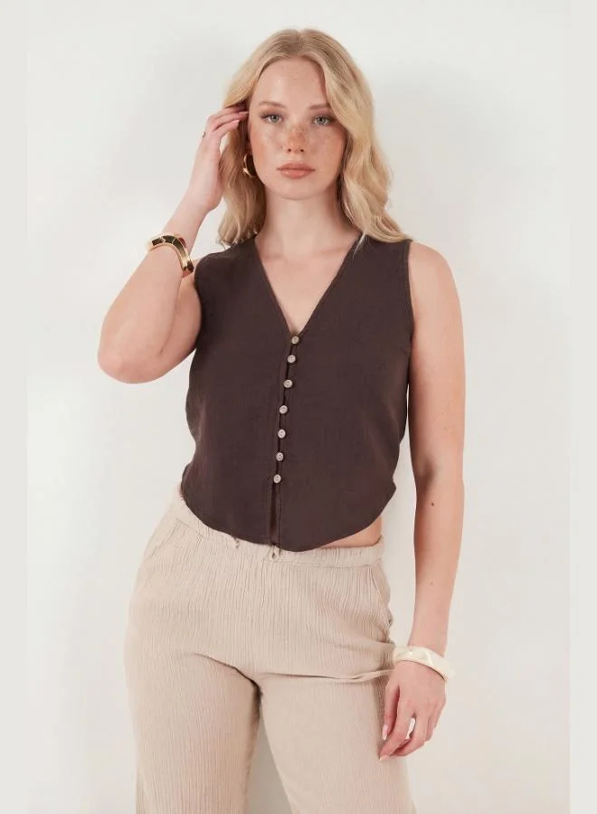 Lela  Lela Cotton Regular Fit V-Neck Button Detail Summer Blouse Vest Women's VEST 5866661 for Women | Best Price UAE