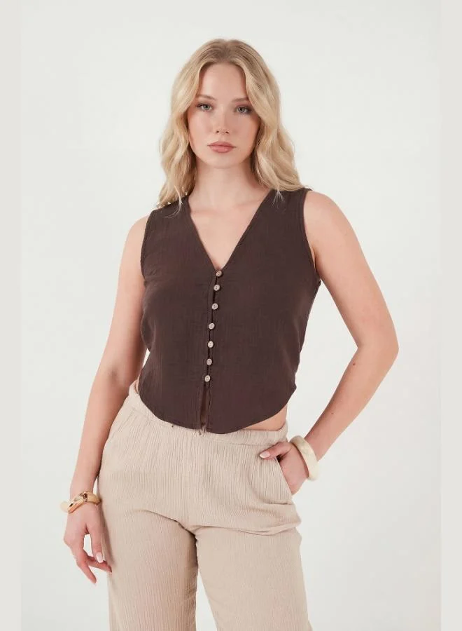 Lela  Lela Cotton Regular Fit V-Neck Button Detail Summer Blouse Vest Women's VEST 5866661 for Women | Best Price UAE