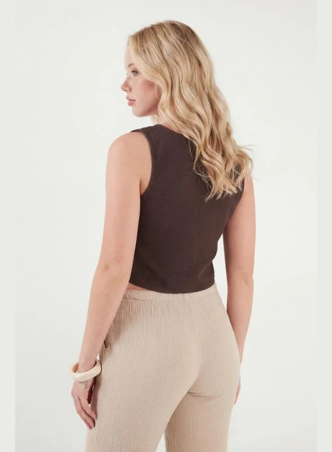 Lela  Lela Cotton Regular Fit V-Neck Button Detail Summer Blouse Vest Women's VEST 5866661 for Women | Best Price UAE
