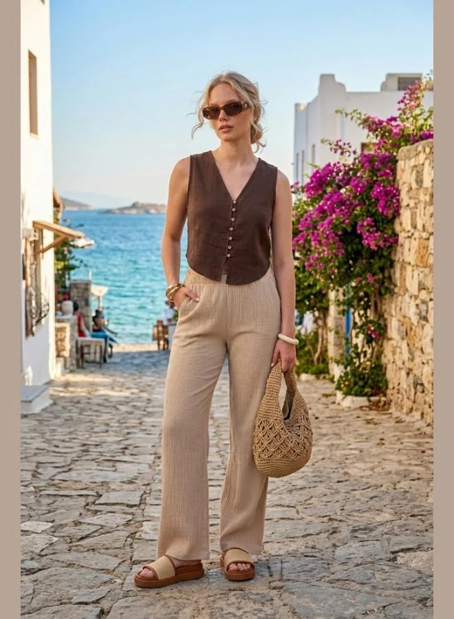 ليلا Lela Cotton Regular Fit V-Neck Button Detail Summer Blouse Vest Women's VEST 5866661