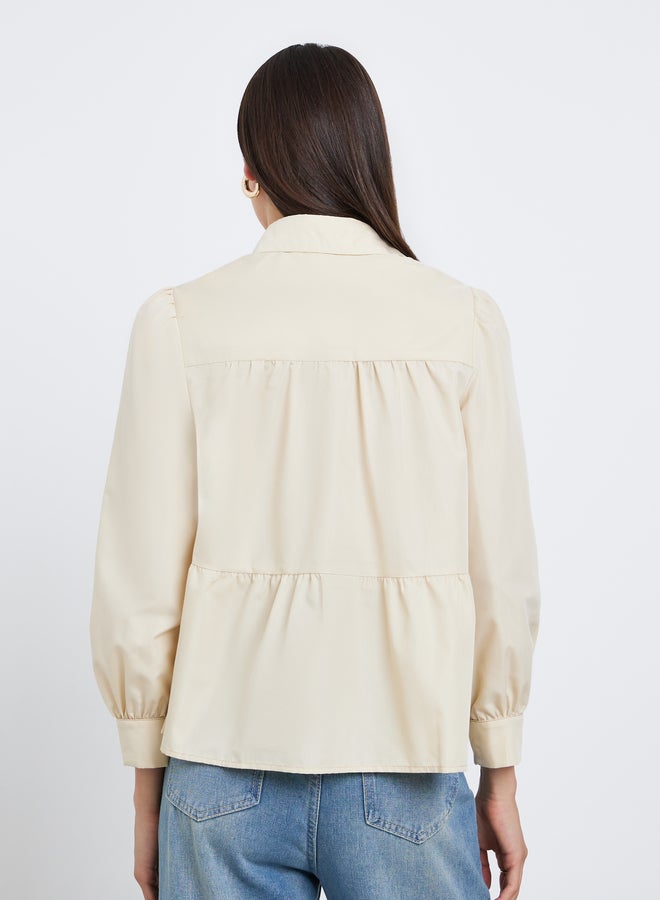 Take Two Beige  Button Front Puff Sleeve Shirt - Image 4