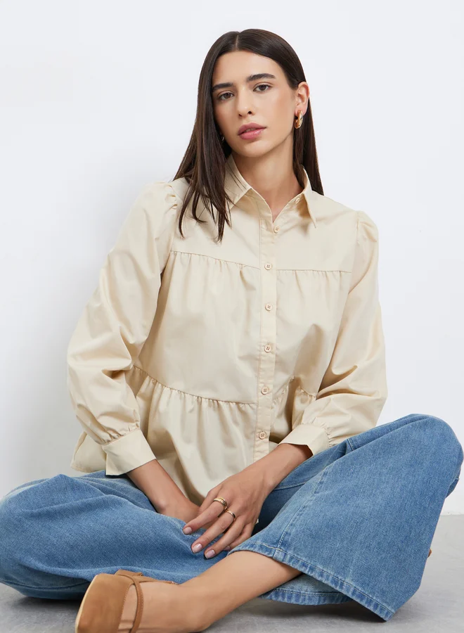 Take Two Take Two Beige  Button Front Puff Sleeve Shirt