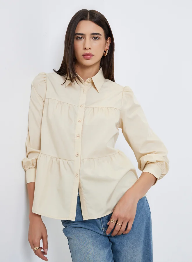 Take Two Take Two Beige  Button Front Puff Sleeve Shirt