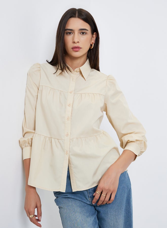 Take Two Beige  Button Front Puff Sleeve Shirt - Image 2