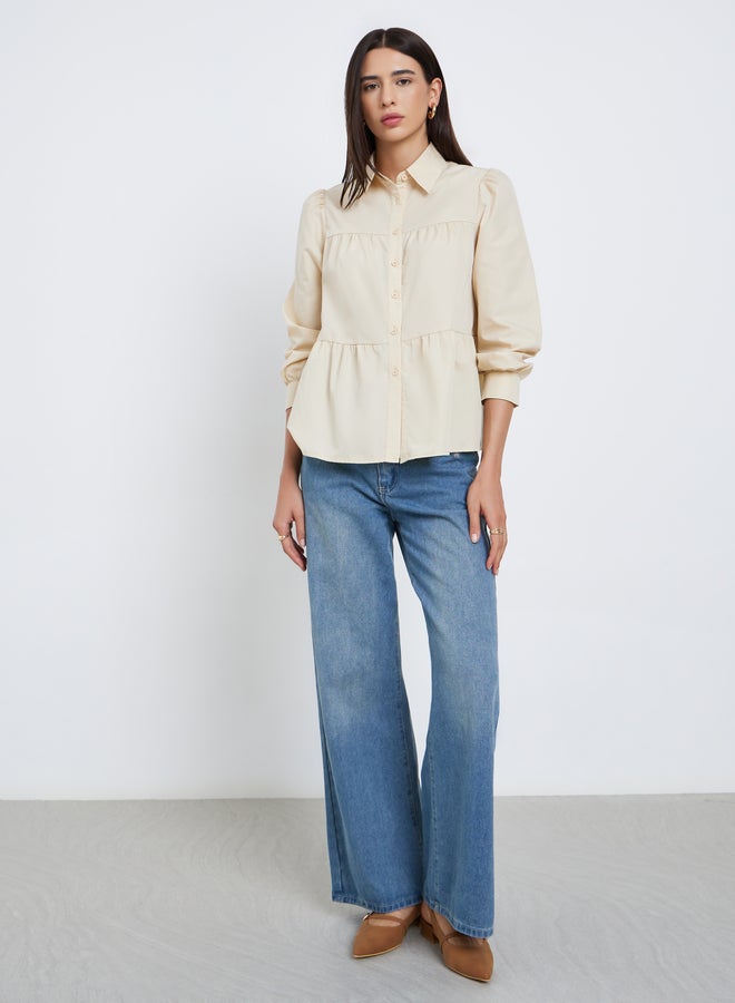 Take Two Beige  Button Front Puff Sleeve Shirt - Image 3