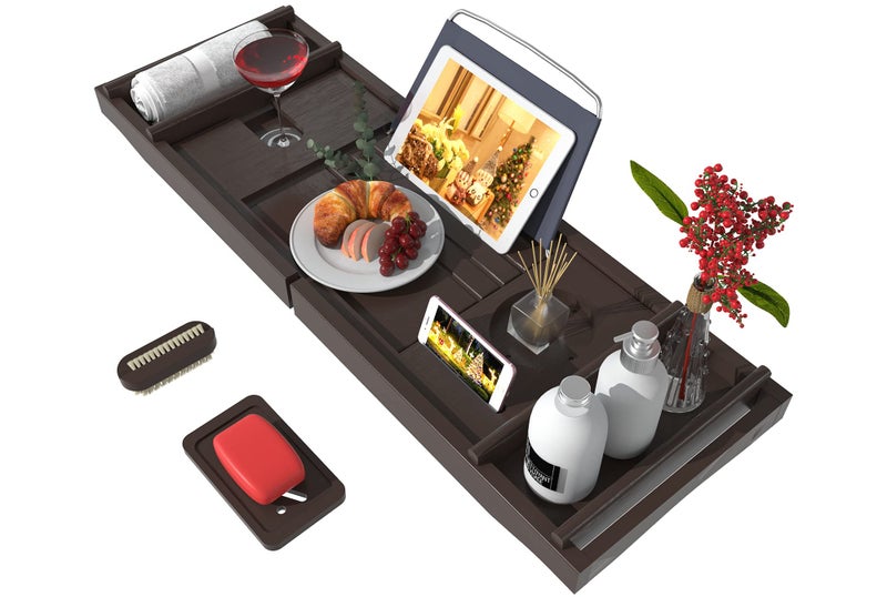Bamfan Bathtub Caddy Tray for Luxury Bath  Bamboo Waterproof Expandable Bath Table Over Tub with Wine and Book Holder and Free Soap Dish Brown 