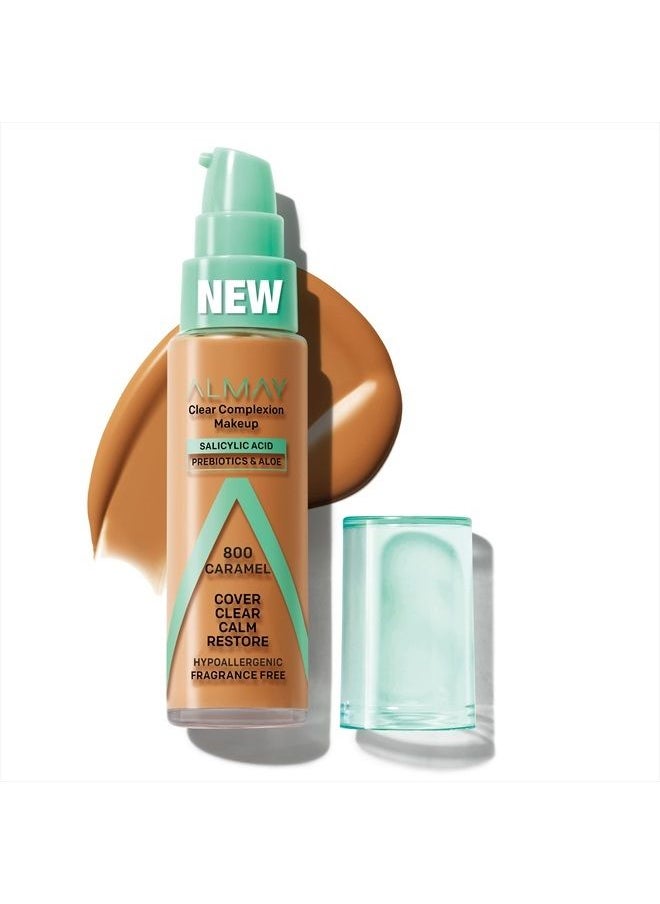 Almay Clear Complexion Acne Foundation Makeup with Salicylic Acid - Lightweight, Medium Coverage, Hypoallergenic, Fragrance-Free, for Sensitive Skin, 800 Caramel, 1 fl oz.  - Image 1