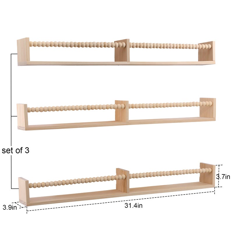 birola Nursery Book Shelves for Kids Rooms - 32 Inches Floating Wall Bookshelves Set of 3, Space-Saving Nursery Shelves with Beads Design for Kids Room, Bedroom and Study Room(Natural) - Image 3